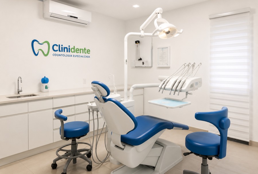 Consultório da Clinidente com cadeira e equipamentos