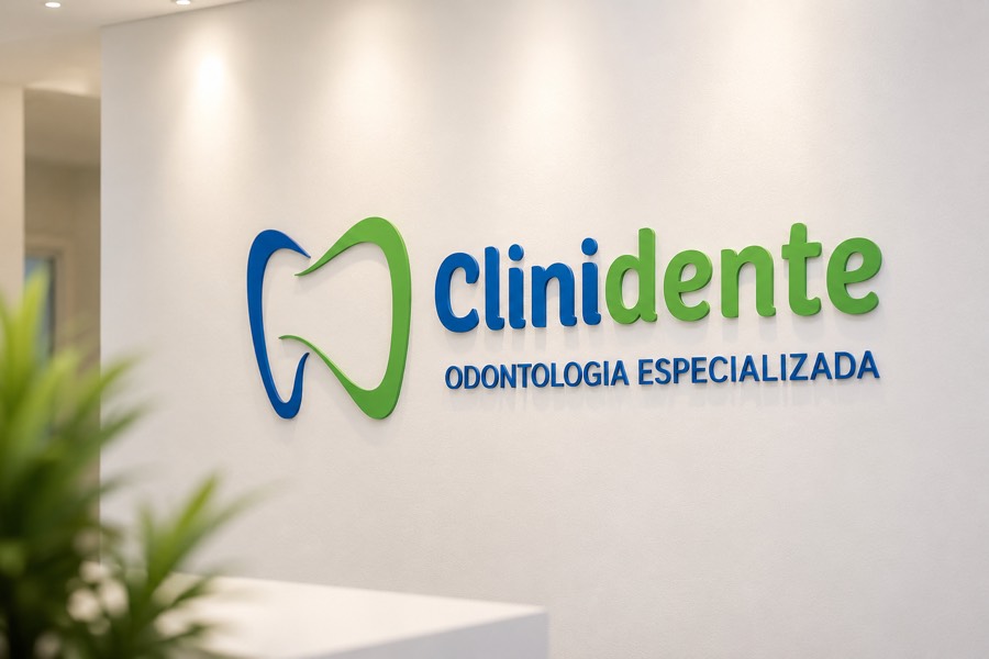 Ambiente interno da Clinidente com o logo na parede